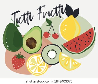 Abstract Summer fruits cartoon illustration with slogan print - Graphic Vector pattern for kids and girl tee / t shirt 