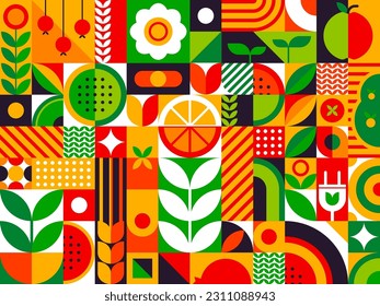 Abstract summer fruits geometric bauhaus pattern. Vector fruit food, flower and leaf background of geometric mosaic with farm watermelon, lemon and wheat, orange, berry and apple, bauhaus pattern tile