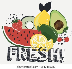 Abstract summer fruits illustration print with slogan - Graphic Fresh text vector pattern for kids girl tee / t shirt