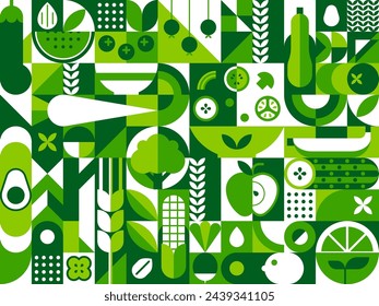 Abstract summer fruits and vegetables modern geometric pattern. Agriculture farm vintage vector pattern or retro layout. Geometric background with corn, wheat, apple, broccoli and cucumber, zucchini