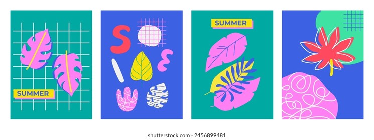Abstract summer geometric layout templates. Bright tropical leaves and modern typography. Summer overlay promo set. Trendy cards, posters, covers, flyers, banners. Juicy background, backdrop.