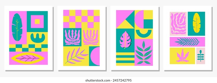 Abstractas conjunto de diseños geométricos de verano. Tarjetas tropicales y florales retro, afiches, portadas, volantes, Anuncios. Jugosa Plantilla de diseño. Fondo moderno, fondo. Bauhaus, Memphis.