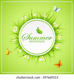 Abstract summer green background with round card, grass, ladybugs and flying butterflies, illustration.