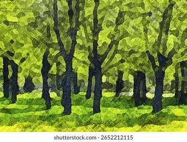 Abstract summer green forest landscape vector watercolor background. Trees in the park. Sunny day. Watercolor illustration for interior, flyers, poster, cover, banner. Modern hand draw painting.