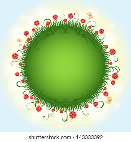 Abstract summer green round background with red flowers vector illustration.