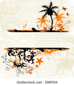 Abstract summer grunge background with sea inhabitant and butterflies, vector illustration