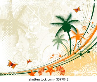 Abstract summer grunge background with sea inhabitant and butterflies, vector illustration