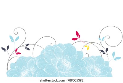 Abstract  summer hand drawn floral pattern with dahlias flowers