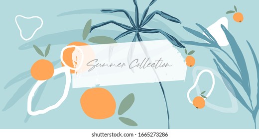 Encabezado o pancarta dibujado a mano en verano con botánicos, cítricos, formas orgánicas. Fresco y luminoso fondo de temporada