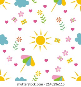 Abstract Summer hand drawn objects of Sun, flowers, petals, hearts, clouds, umbrella isolated on white background is in Seamless pattern