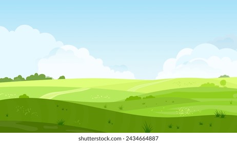 Abstract summer hilly landscape with meadows, plants, blue sky and clouds - vector illustration