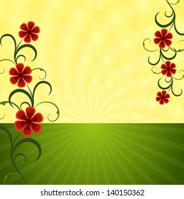Abstract summer horizon background with red flowers vector illustration.