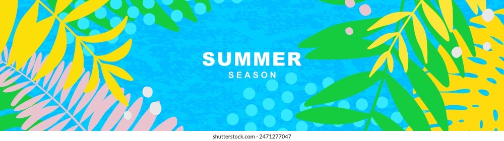 Abstract summer horizontal background with tropical leaves. Theme of vacation and Beach. Trendy vector illustration with Exotic Nature elements for poster, banner, cover, advertisement, summer Sale