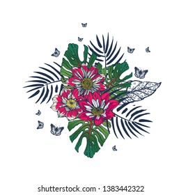 abstract summer illustration, tropical leaves ,flowers , butterflies , hand drawing vector