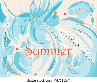 Abstract summer image with decorative blue flowers and orange sign on light pink background
