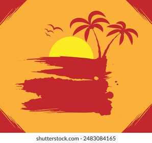 Abstract Summer Island with Palms and Sunset. Landscapes and nature concept vector
