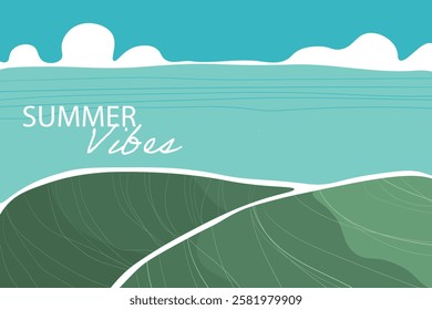 Abstract summer landscape backgrounds with mountains, cloud sky and sea water design. Nature backgrounds for social media. Minimal style vacation backdrop, summer seaside beach