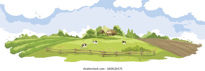 Abstract summer landscape -- farm fields / Vector illustration, rural view -- fields and meadows, old village, herd of cows	