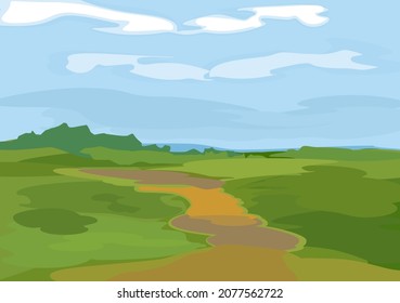 Abstract summer landscape with green field, blue sky and country road in watercolor style