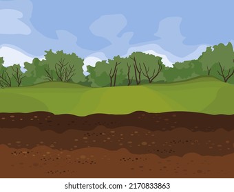 Abstract summer landscape with green forest on horizon, blue sky and brown soil