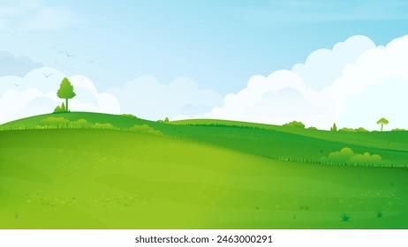 Abstract summer landscape with meadows, plants, bushes, trees, blue sky and clouds - vector illustration