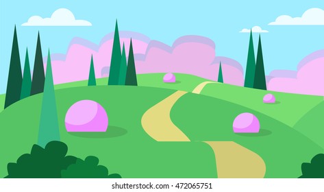 Abstract Summer Landscape Road Blue Cloud Sky With Sun Green Grass Forest Flat Design Vector Illustration