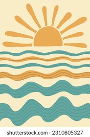 abstract summer landscape, sea, sun, waves. Paradise vacation in nature, the ocean in a minimalist retro style. hand drawn poster, banner, background. for printing, wall art. art vector illustration.