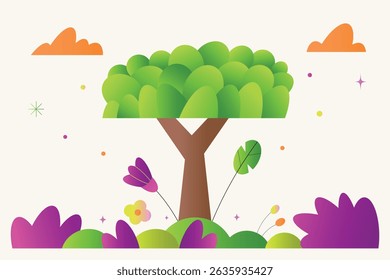 Abstract summer landscape with tree, clouds and flowers. Vector illustration, EPS 10.