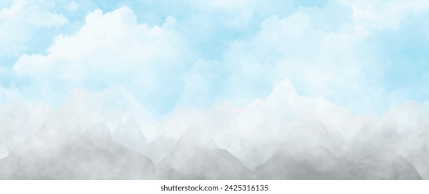 Abstract summer landscape vector watercolor background with blue sky, white clouds and mountains. Watercolor illustration for interior, flyers, poster, cover, banner. Modern hand draw painting.