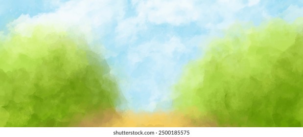 Fondo Abstractas de la acuarela del Vector del paisaje del verano con el cielo azul, las nubes blancas y el campo verde. Ilustración de acuarela para interior, volantes, póster, cubierta, Anuncio. Pintura moderna del dibujo de la mano.