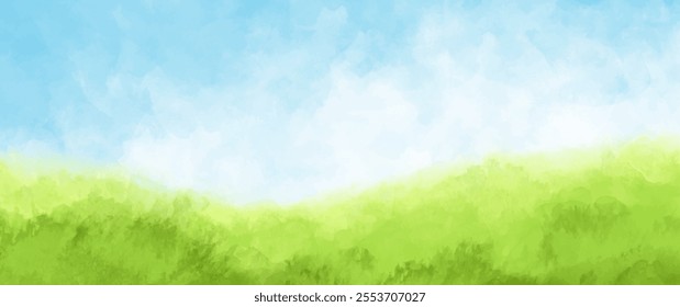 Abstract summer landscape vector watercolor background with blue sky, white clouds and green field. Watercolor illustration for interior, flyers, poster, cover, banner. Modern hand draw painting.