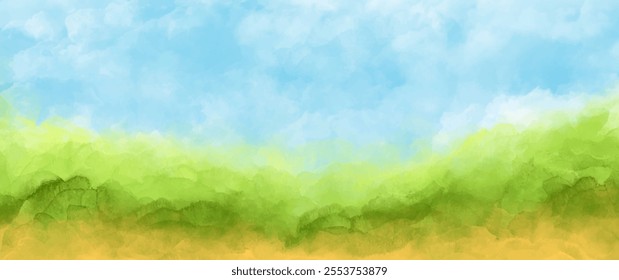 Abstract summer landscape vector watercolor background with blue sky, white clouds and green field. Watercolor illustration for interior, flyers, poster, cover, banner. Modern hand draw painting.