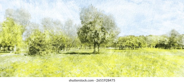 Abstrato verão paisagem vetor aquarela fundo com céu azul, nuvens brancas, parque e campo verde. Ilustração em aquarela para interior, folhetos, cartaz, capa, banner. Pintura moderna desenhada à mão