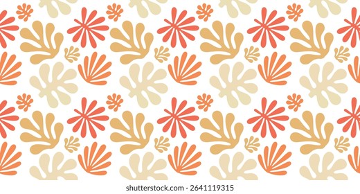 Abstract Summer Leaf Seamless Pattern, Warm Tone Botanical Matisse Style Design, Tropical Cutout Leaf Pattern Background, Hand Drawn Artistic Seamless Print, Retro Coral and Beige Nature Pattern