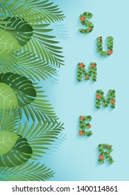 Abstract Summer Lettering with Tropical Palm Leaves in Blue Ocean Background, Object and Element, Card, Postcard, Banner, Advertising Template, Vector Illustration