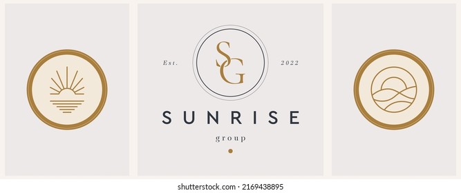 Abstract summer logo template with dawn and S G monogram. Modern minimal set of linear icons and emblems for social media, rental and travel services.