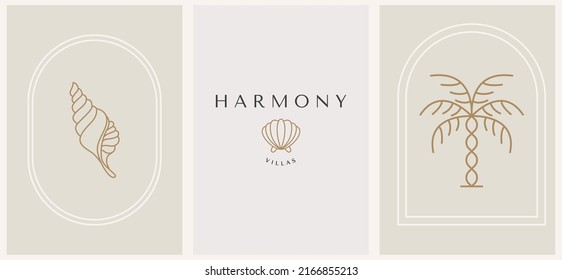 Abstract summer logo template with palm trees and seashells. Modern minimal set of linear icons and emblems for social media, accommodation rental and travel services.