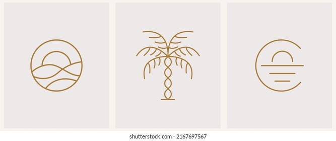 Abstract summer logo template with palm trees and sunset. Modern minimal set of linear icons and emblems for social media, accommodation rental and travel services.