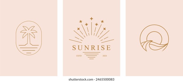 Abstract summer logo template with palm trees and sunset. Modern minimal set of linear icons and emblems for social media, accommodation rental and travel services.	