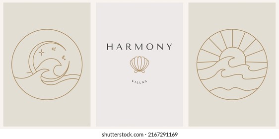 Abstract summer logo template with seashell sunset with waves. Modern minimal set of linear icons and emblems for social media, accommodation rental and travel services.