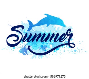 Abstract summer marine background with silhouette of blue dolphin and lettering