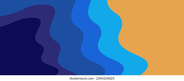 Resumen verano mínimo afiche horizontal, cubierta, tarjeta con olas de océano azules, arena de playa y tipografía moderna. Vacaciones de verano, ilustración de viajes de vacaciones. Plantilla de diseño de promociones