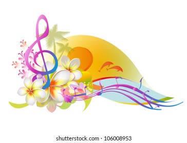 Abstract summer music - tropical motives with flowers, dolphins, sea