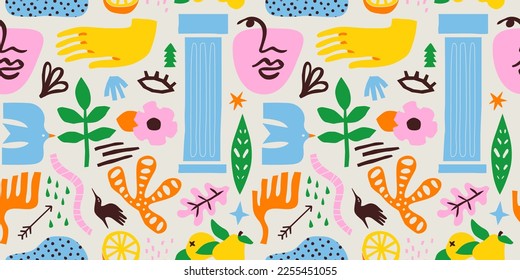 Resumen La naturaleza de verano forma el arte sin fisuras con doodle de mano alzada colorido. Huella orgánica plana de fondo de caricatura, formas simples de corte aleatorio en colores brillantes infantiles. 