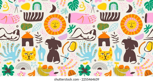 Abstract summer nature shape art seamless pattern with colorful freehand doodle. Organic flat cartoon background print, simple random cutout shapes in bright childish colors. 