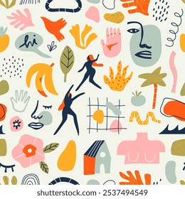 Abstractas diseño de la naturaleza de verano patrón transparente con colorido doodle a mano alzada. Impresión plana orgánica del fondo de la historieta, Formas al azar simples del recorte en colores brillantes. 