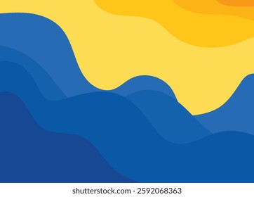 Abstract Summer ocean, waves, hot summer vibes, aesthetic, vacation. Family holidays, pattern, background. Colourful blue and sunny sky sunset, sunrise, day.Beach landscape, relax. Vector illustration