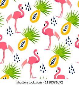 Abstract summer pattern with cute flamingo, papaya and triangles on white background. Ornament for textile and wrapping. Vector.