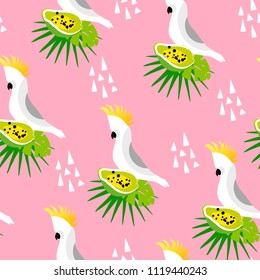 Abstract summer pattern with cute parrot, palm leaves, papaya and triangles on pink background. Ornament for textile and wrapping. Vector.