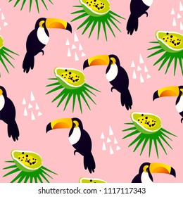 Abstract summer pattern with cute toucan, papaya and palm leaves on pink background. Ornament for textile and wrapping. Vector.